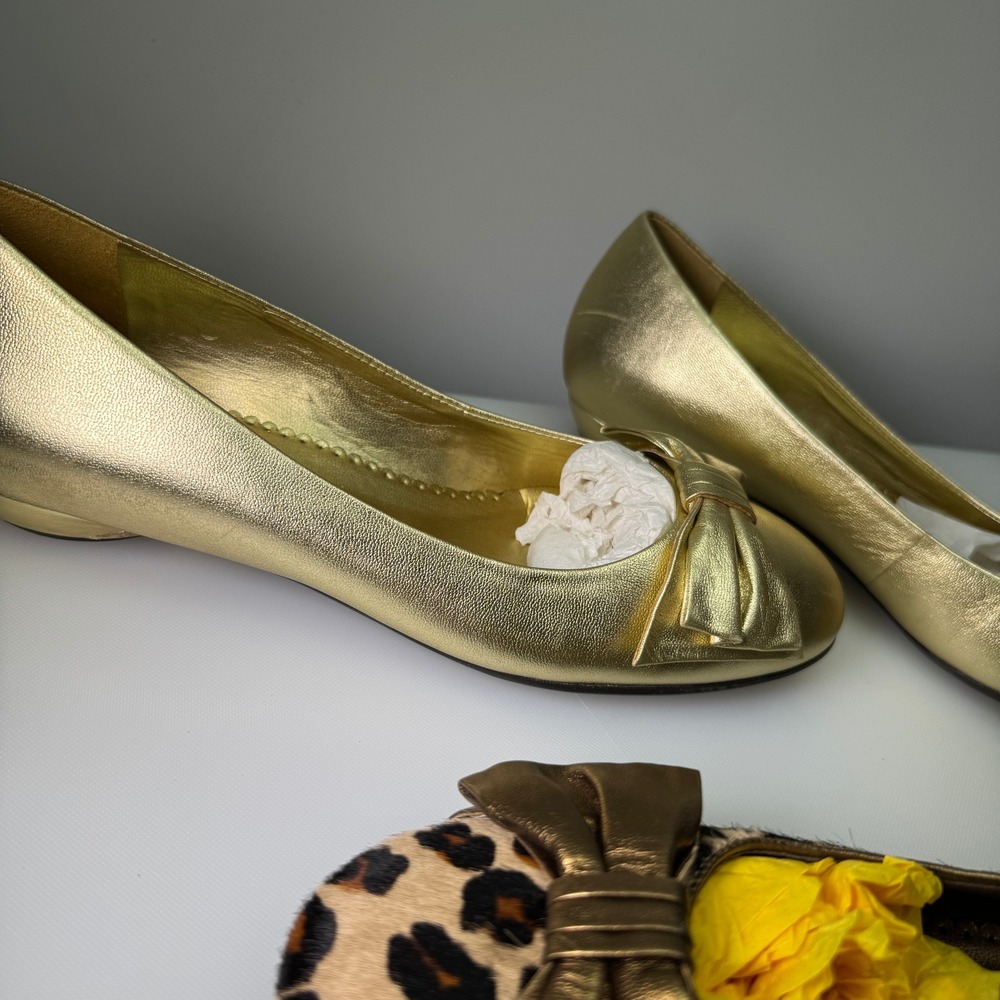 New Lot of 2 Pair Franco Sarto Flats Women 7.5 Gold and Leopard Bow Shoes - Picture 3 of 11